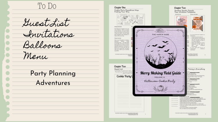 Party planning checklist and Halloween cookie party guide with to-do list, invitation templates, and digital planner pages for Merry Making Field Guide