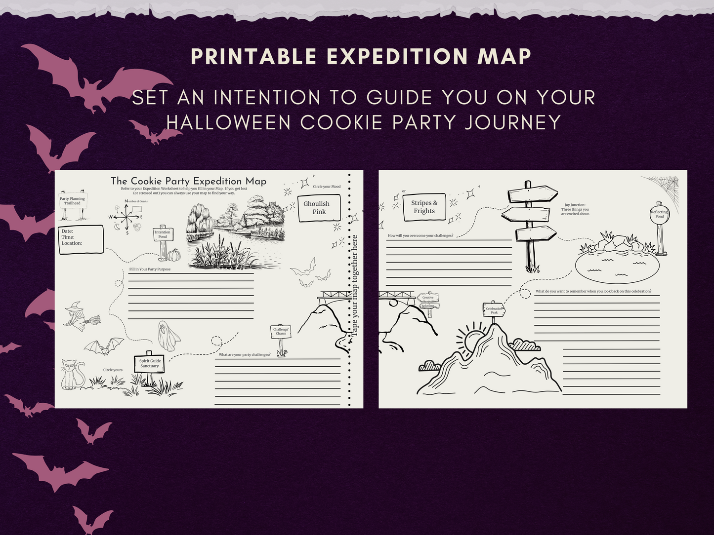 Features a printable expedition map for party planning. Encourages setting intentions for the Halloween cookie party journey. Perfect for those who want a creative approach to halloween party themes or halloween party ideas for kids and teens alike.