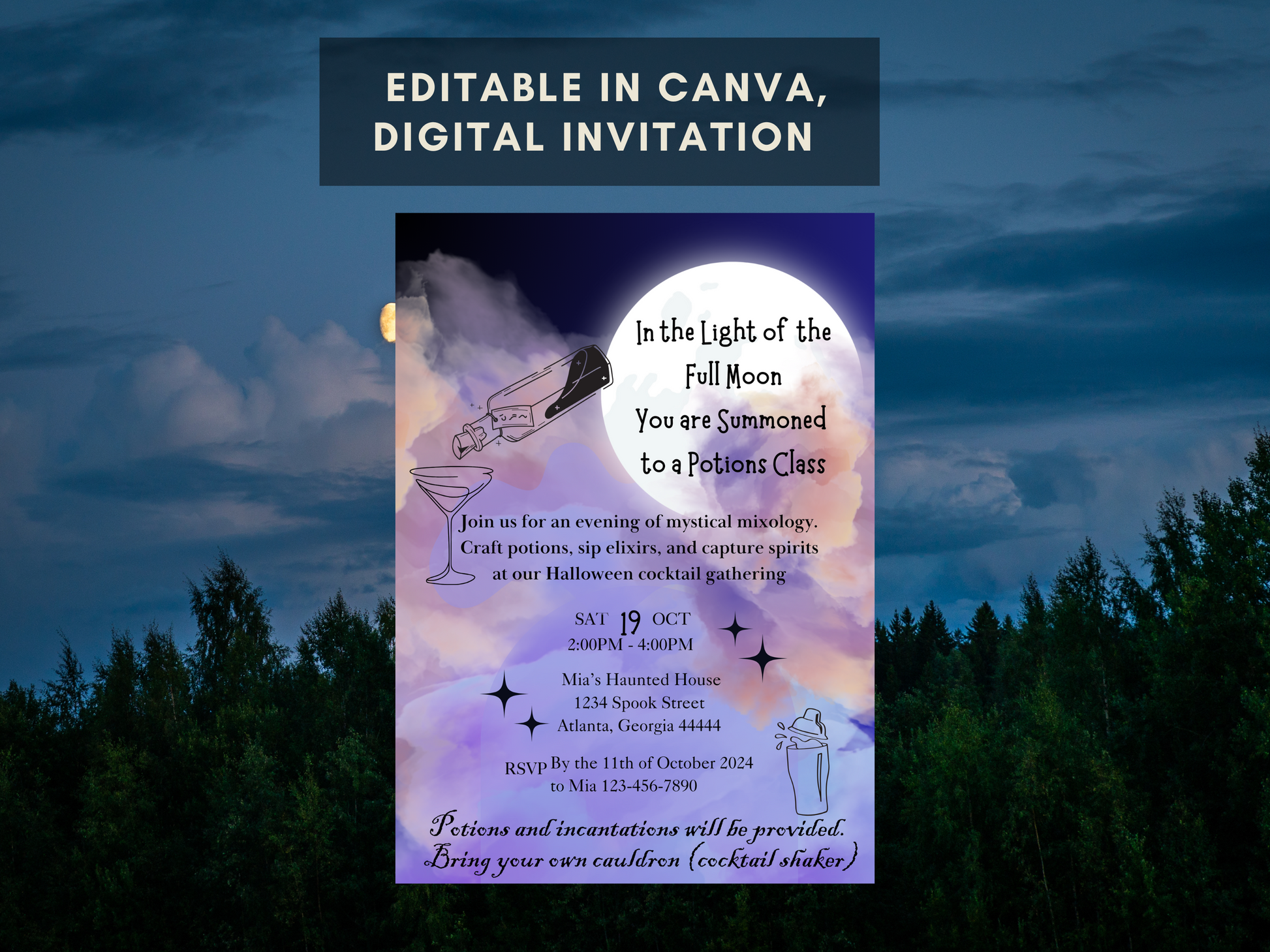 Halloween potion class party digital invitation with full moon background. Editable in Canva, the invite features mystical mixology theme, date, time, location details.