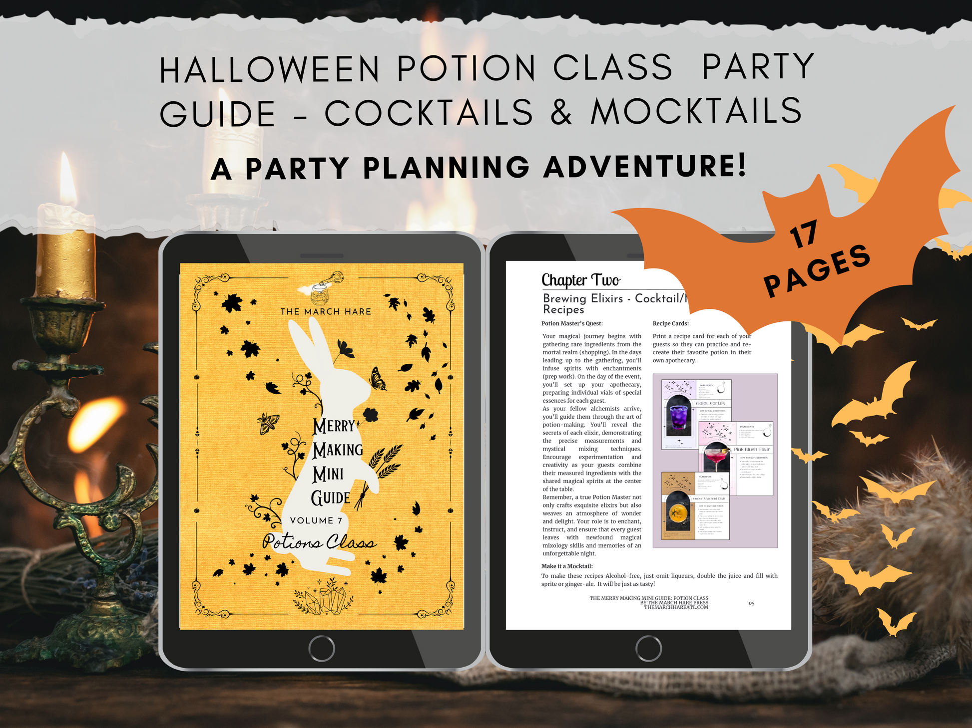 Halloween Potion Class Party Guide cover on tablet, showing cocktail and mocktail recipes. 17-page digital guide with party planning tips, themed decor ideas.