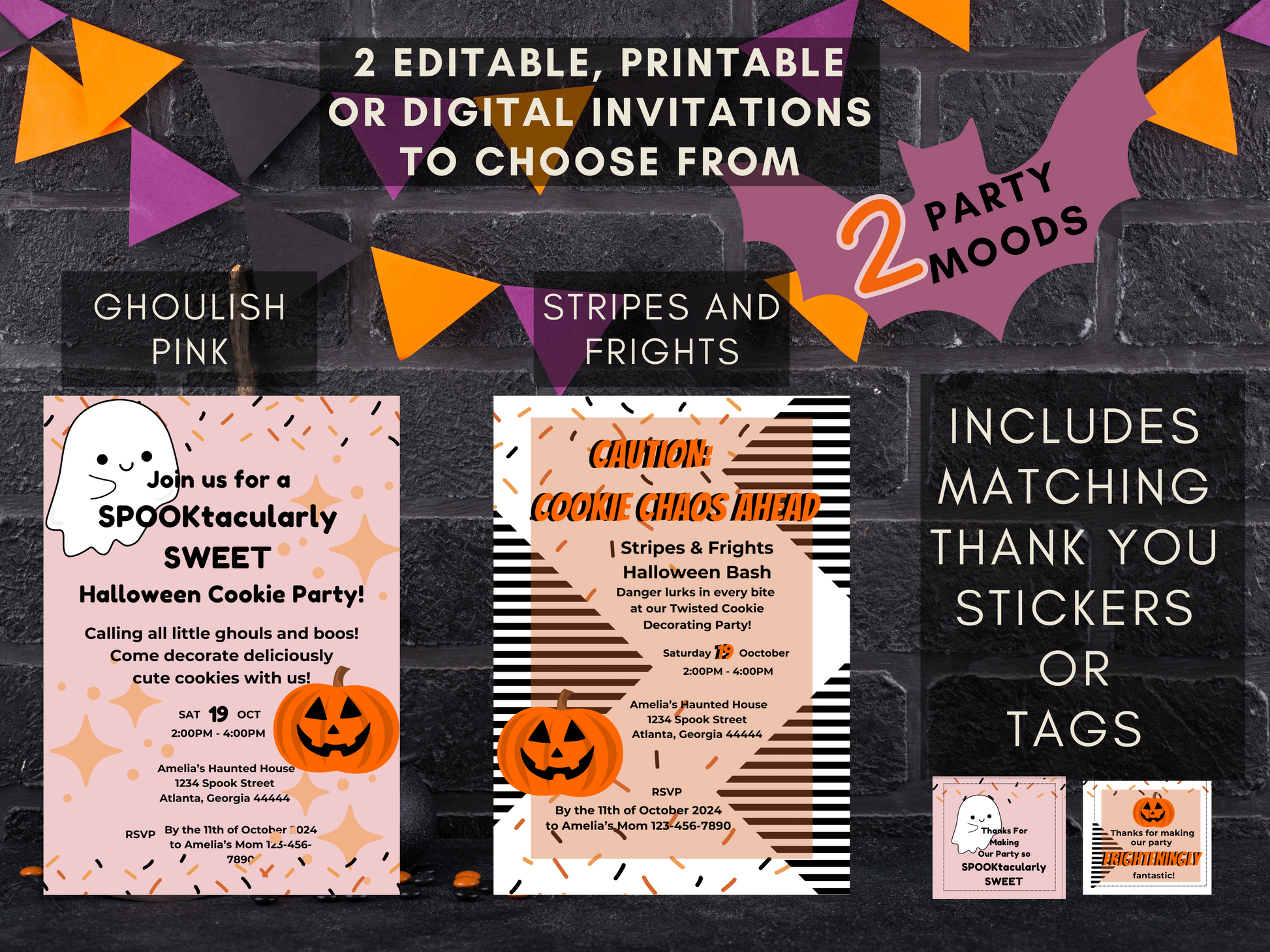 Displays two themed invitation designs: Ghoulish Pink and Stripes and Fright. Includes matching thank you stickers or tags. Ideal for those seeking halloween invitation templates or halloween party invitation ideas with a twist of cookie party fun.