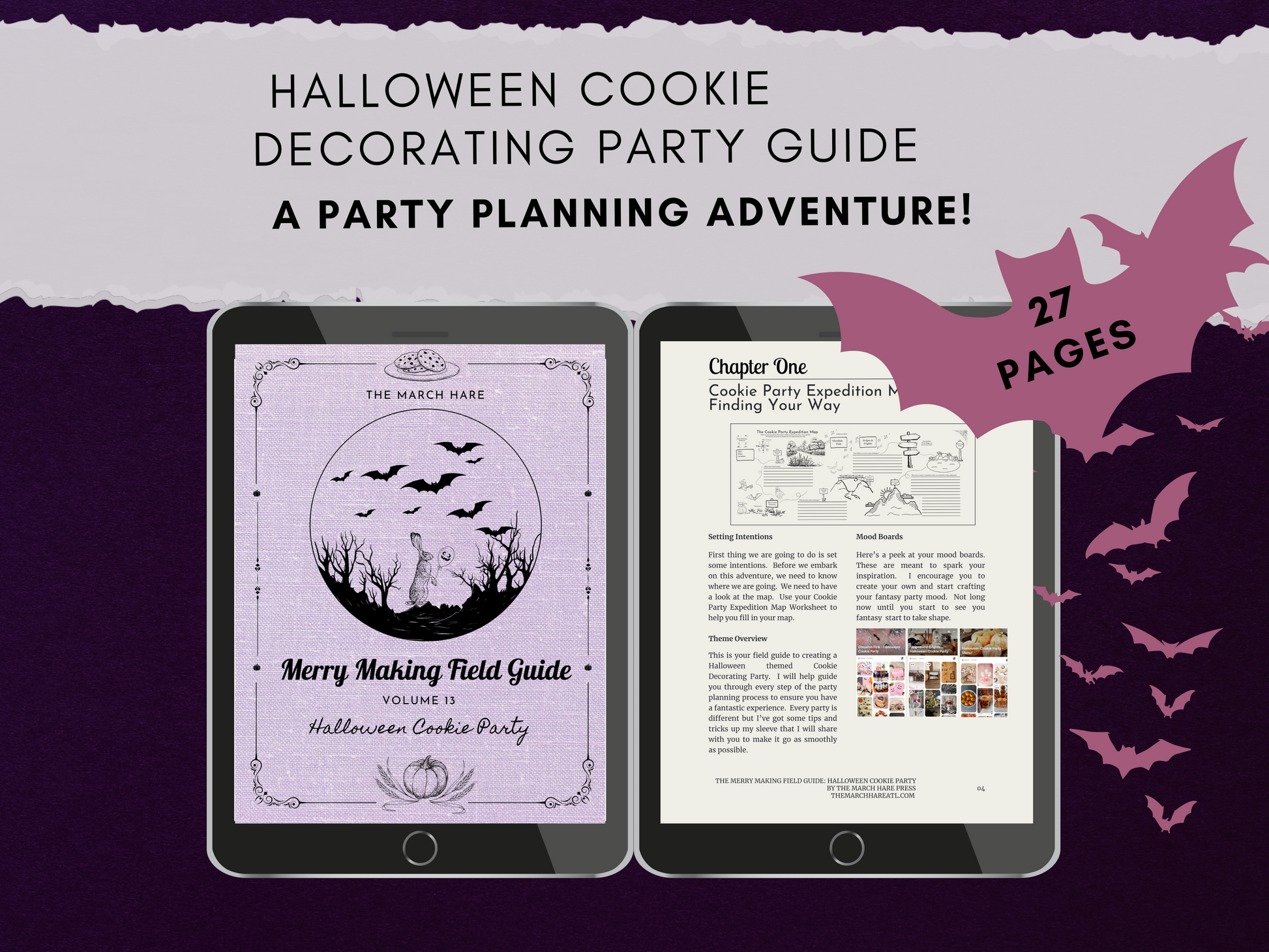 The Merry Making Field Guide for a Halloween Cookie Party. Features two iPads displaying the guide cover and content. Highlights 27 pages of party planning adventure, perfect for those seeking halloween party ideas and cookie decorating inspiration.