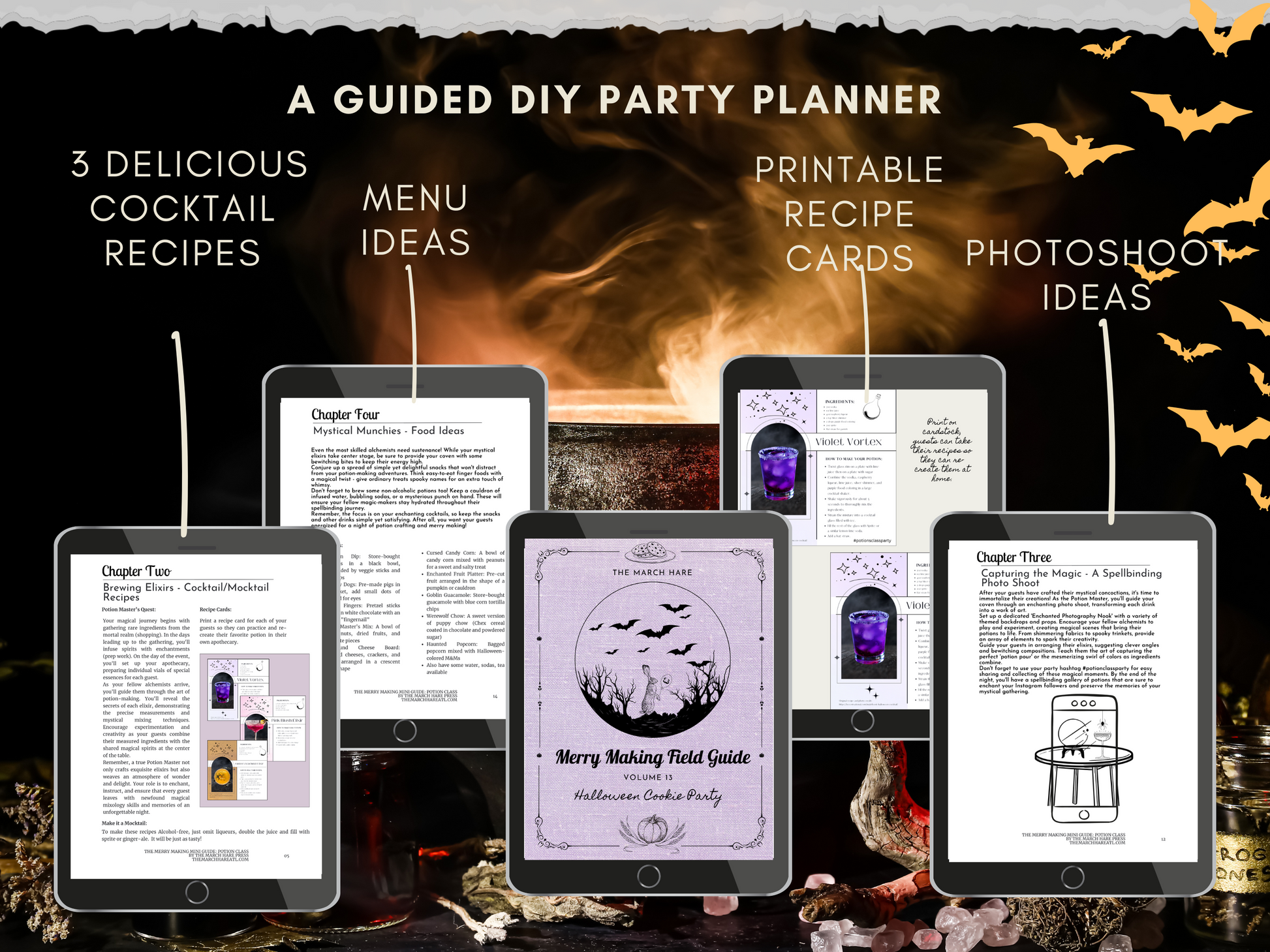 Guided DIY Halloween party planner featuring cocktail recipes, menu ideas, printable recipe cards, and photoshoot tips. Multiple device screens showcase guide contents.