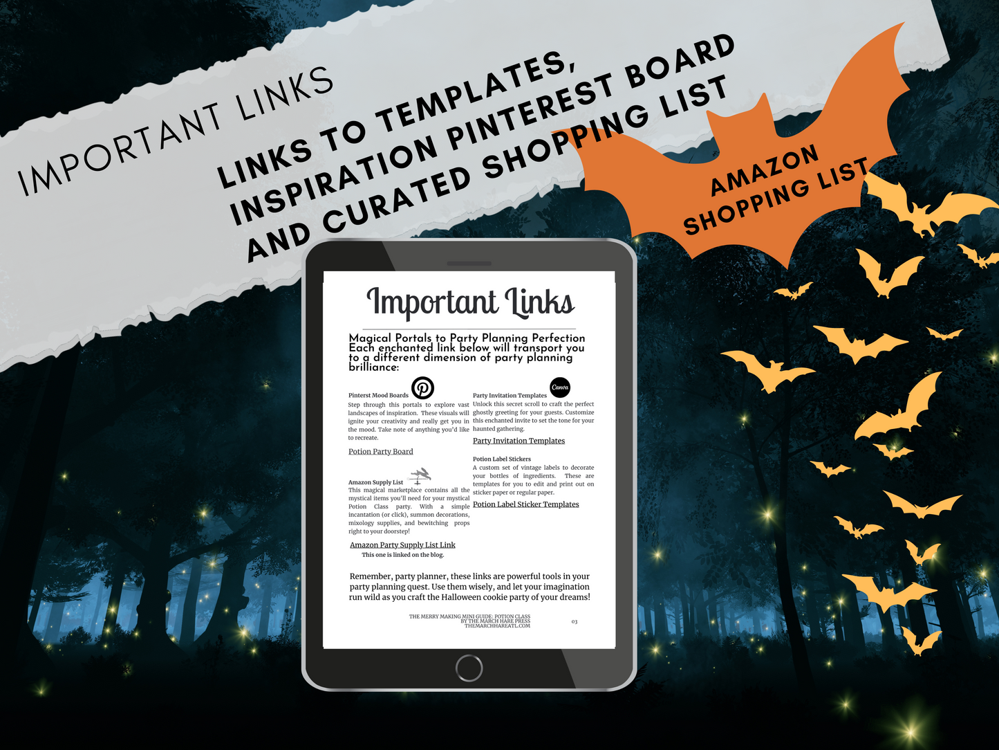 Important Links page of Halloween Potion Class Guide, showing Pinterest board, invitation templates, and Amazon shopping list. Magical portals theme for party planning resources.