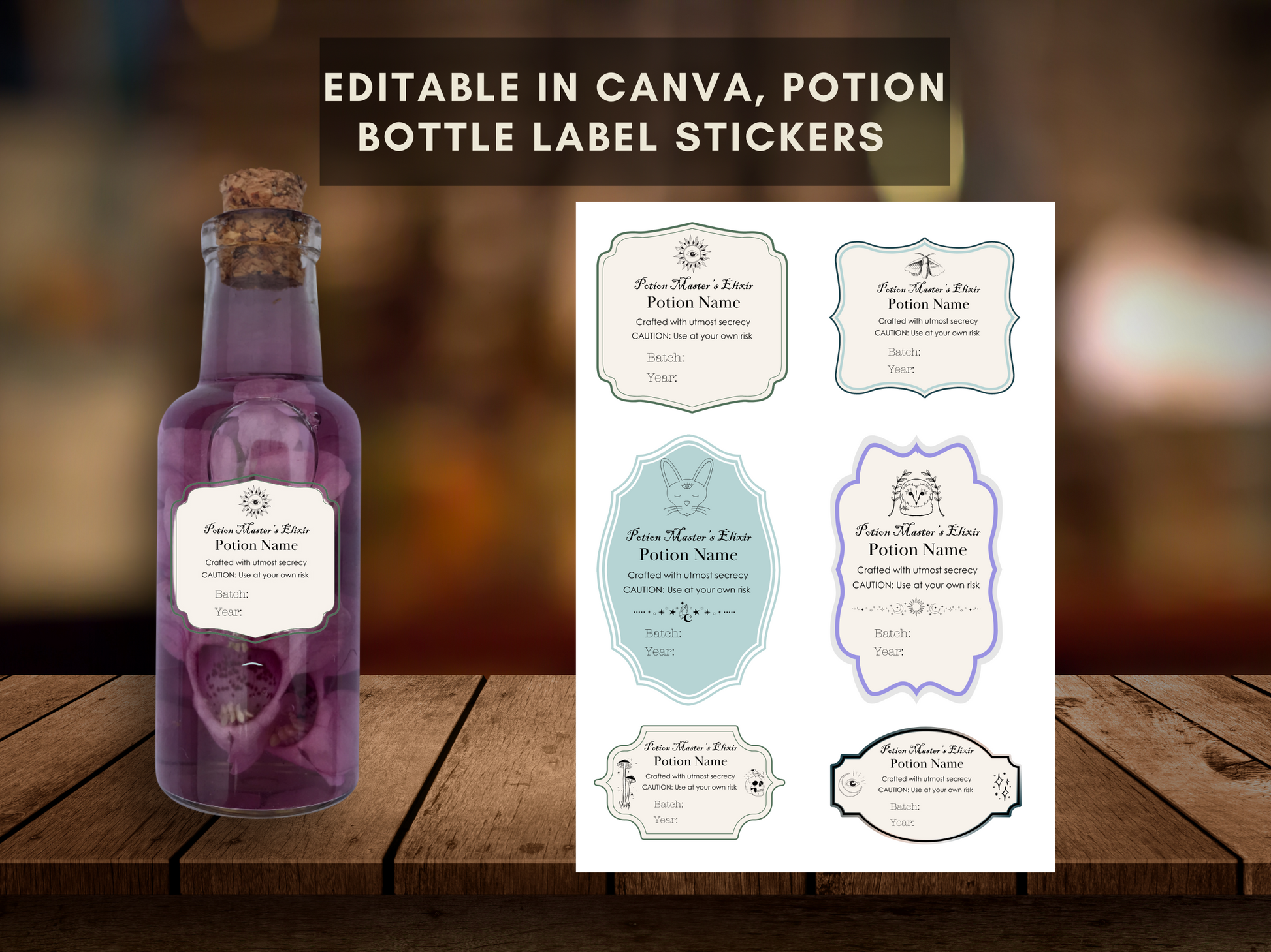 Editable potion bottle label stickers for Halloween cocktails. Canva template with vintage-style designs featuring different shapes and magical symbols.